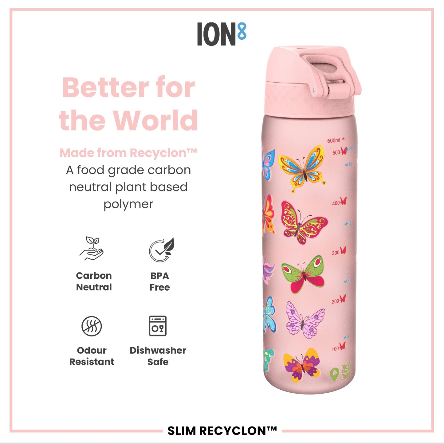 Leak Proof Slim Water Bottle, Recyclon, Butterfly, 500ml (18oz)