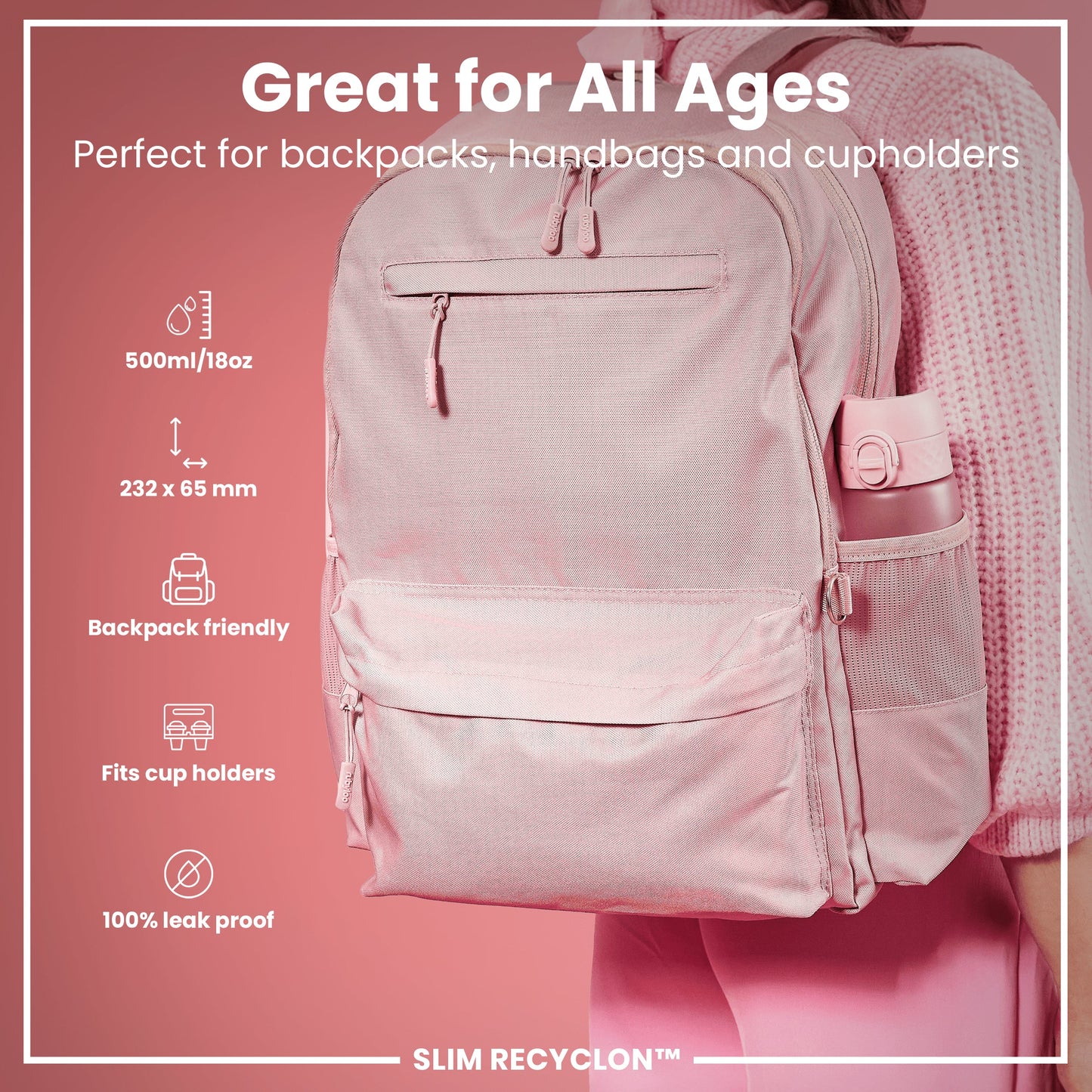 Leak Proof Slim Water Bottle, Recyclon, Rose Quartz, 500ml (18oz)