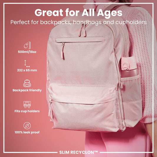 Leak Proof Slim Water Bottle, Recyclon, Rose Quartz, 500ml (18oz)