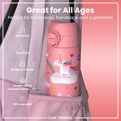 Leak Proof Slim Thermal Steel Water Bottle, Insulated, Unicorn, 500ml (17oz)