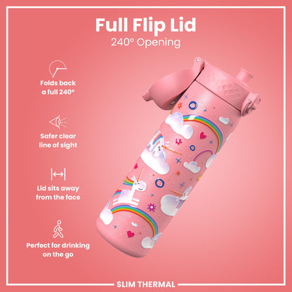 Leak Proof Slim Thermal Steel Water Bottle, Insulated, Unicorn, 500ml (17oz)