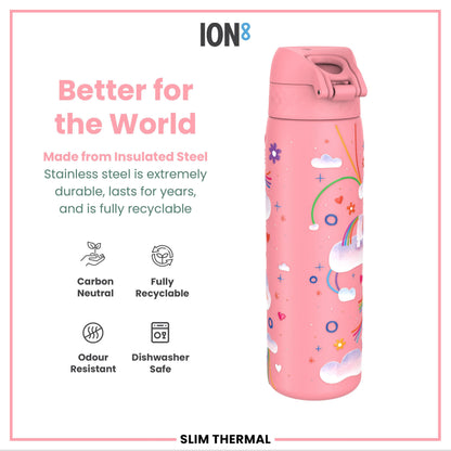 Leak Proof Slim Thermal Steel Water Bottle, Insulated, Unicorn, 500ml (17oz)