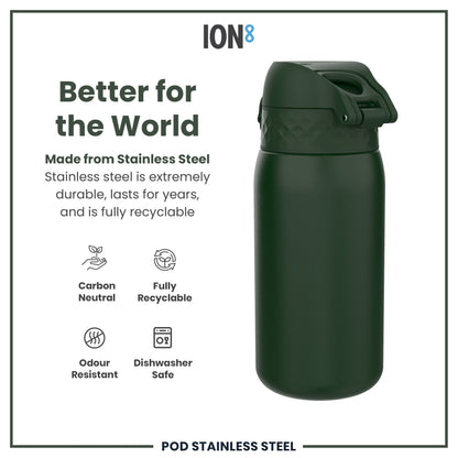 Leak Proof Kids Water Bottle, Stainless Steel, Dark Green, 400ml (13oz)