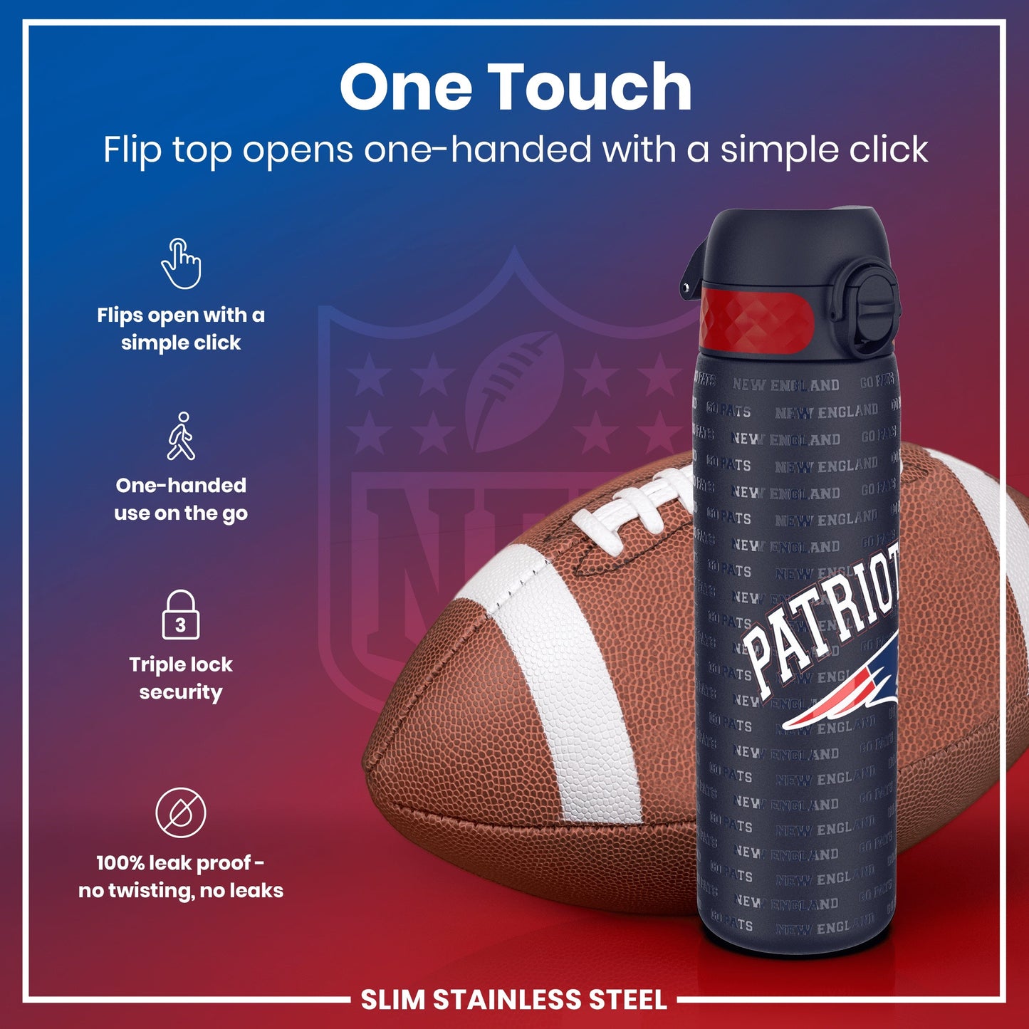 Leak Proof NFL Water Bottle, Stainless Steel, New England Patriots, 600ml (20oz)