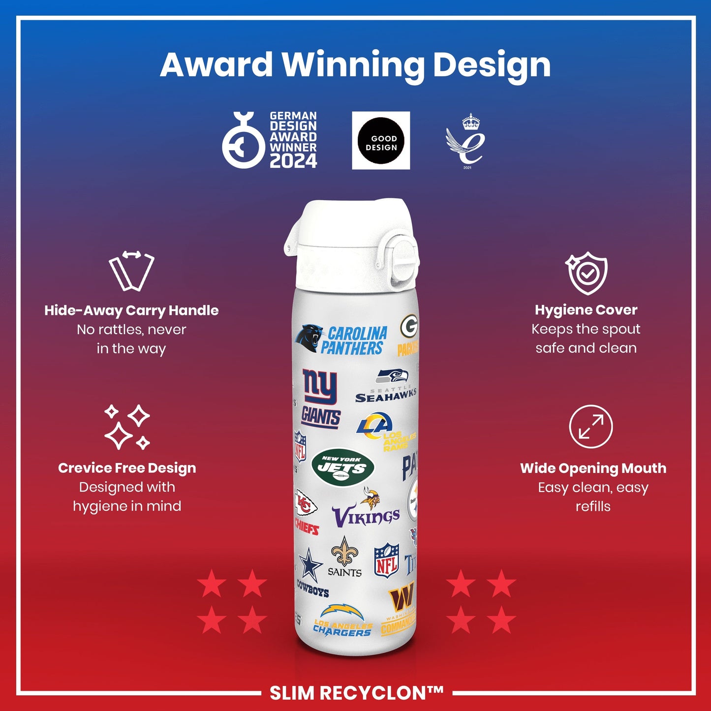 Leak Proof NFL Water Bottle, Recyclon, Multi Teams, 500ml (18oz)