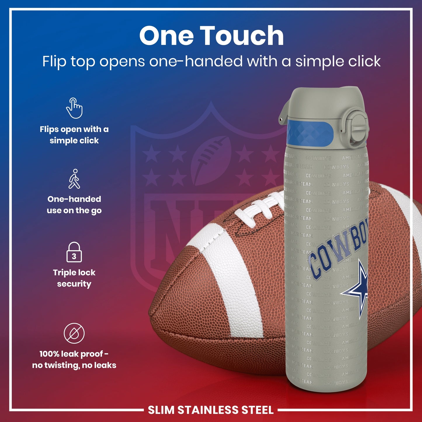 Leak Proof NFL Water Bottle, Stainless Steel, Dallas Cowboys, 600ml (20oz)
