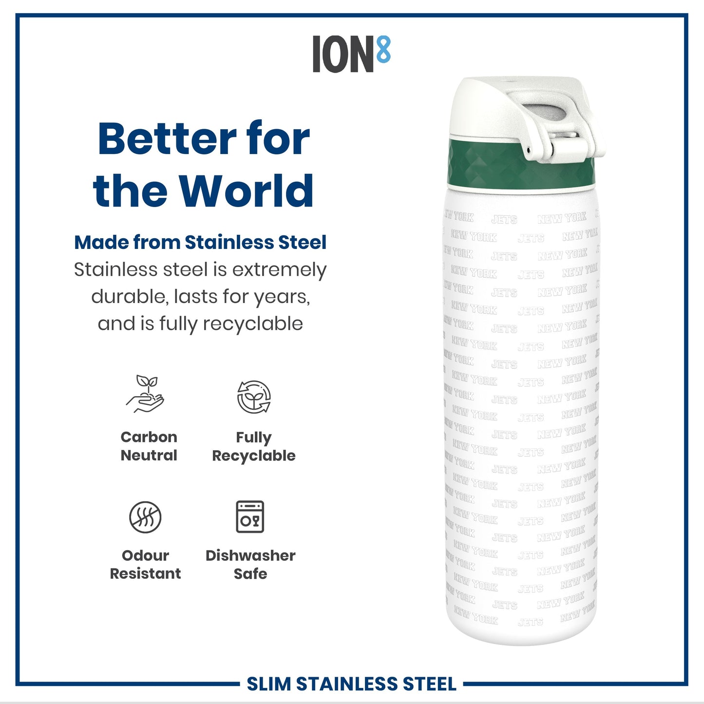 Leak Proof NFL Water Bottle, Stainless Steel, New York Jets, 600ml (20oz)