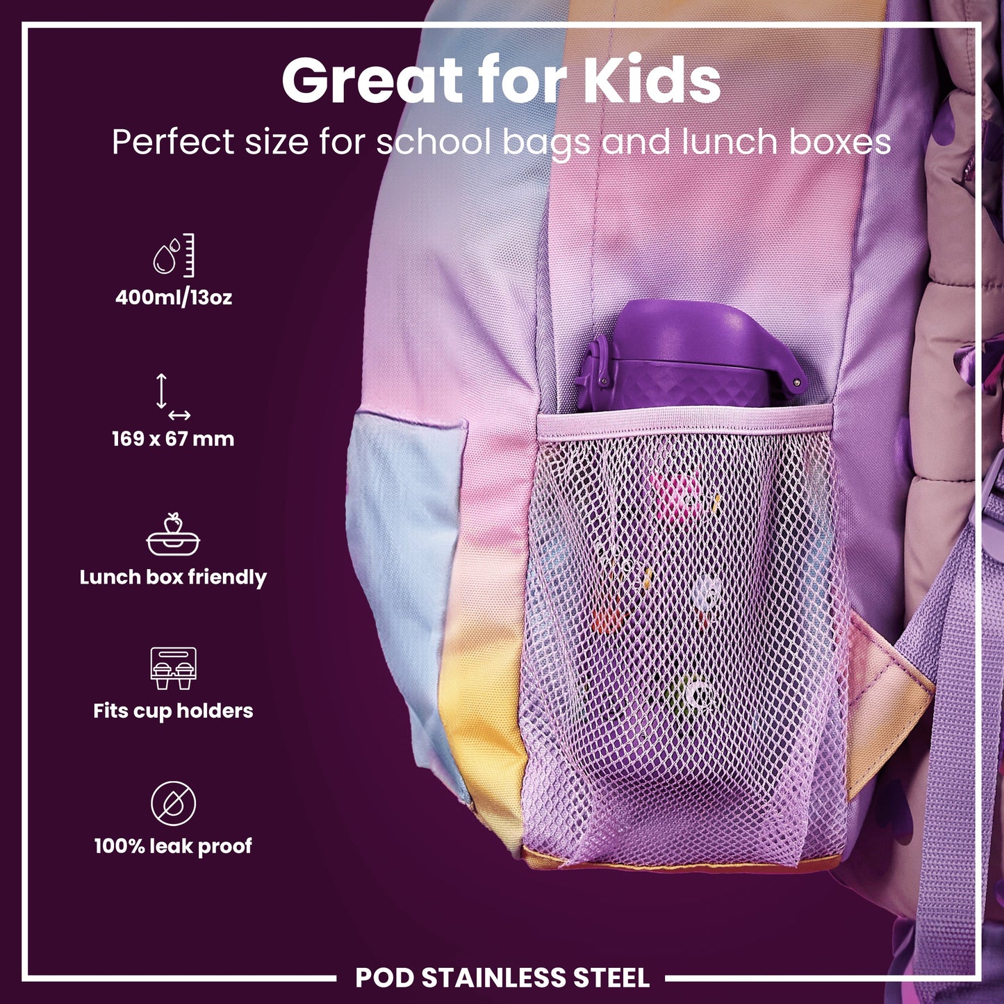 Leak Proof Kids Water Bottle, Stainless Steel, Aliens, 400ml (13oz)