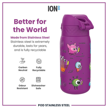 Leak Proof Kids Water Bottle, Stainless Steel, Aliens, 400ml (13oz)