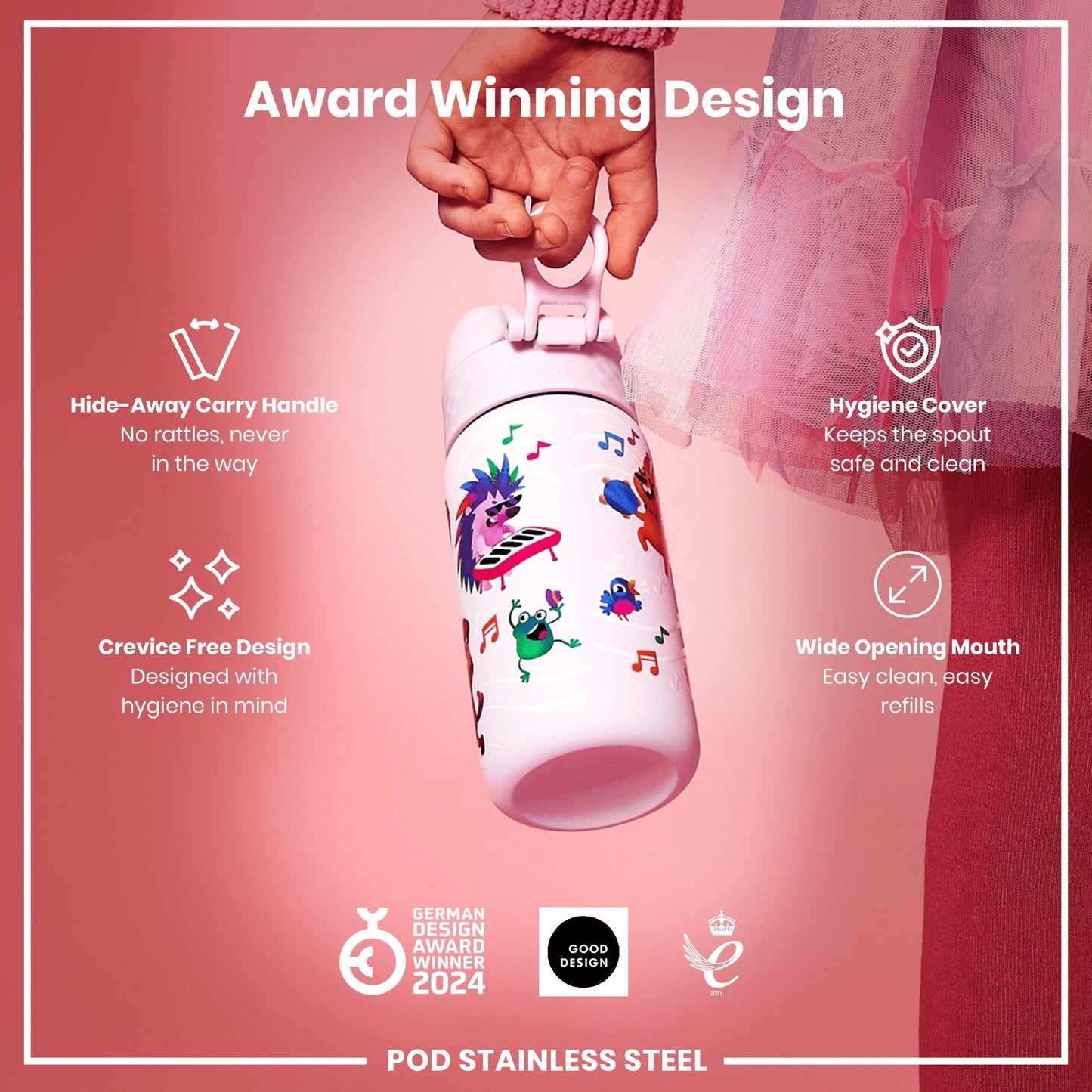 Leak Proof Kids Water Bottle, Stainless Steel, Animal Band, 400ml (13oz)