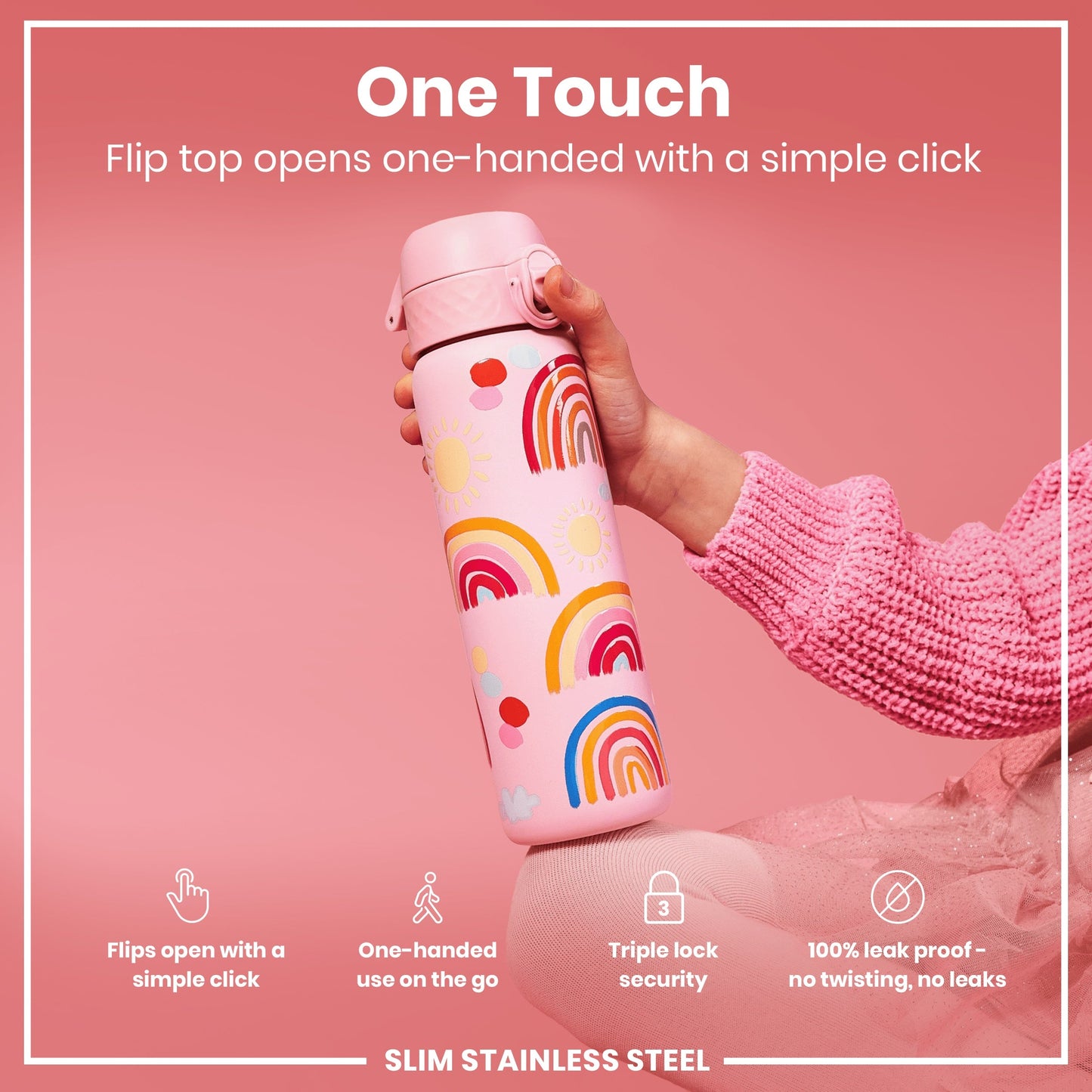Leak Proof Slim Water Bottle, Stainless Steel, Rainbows, 600ml (20oz)