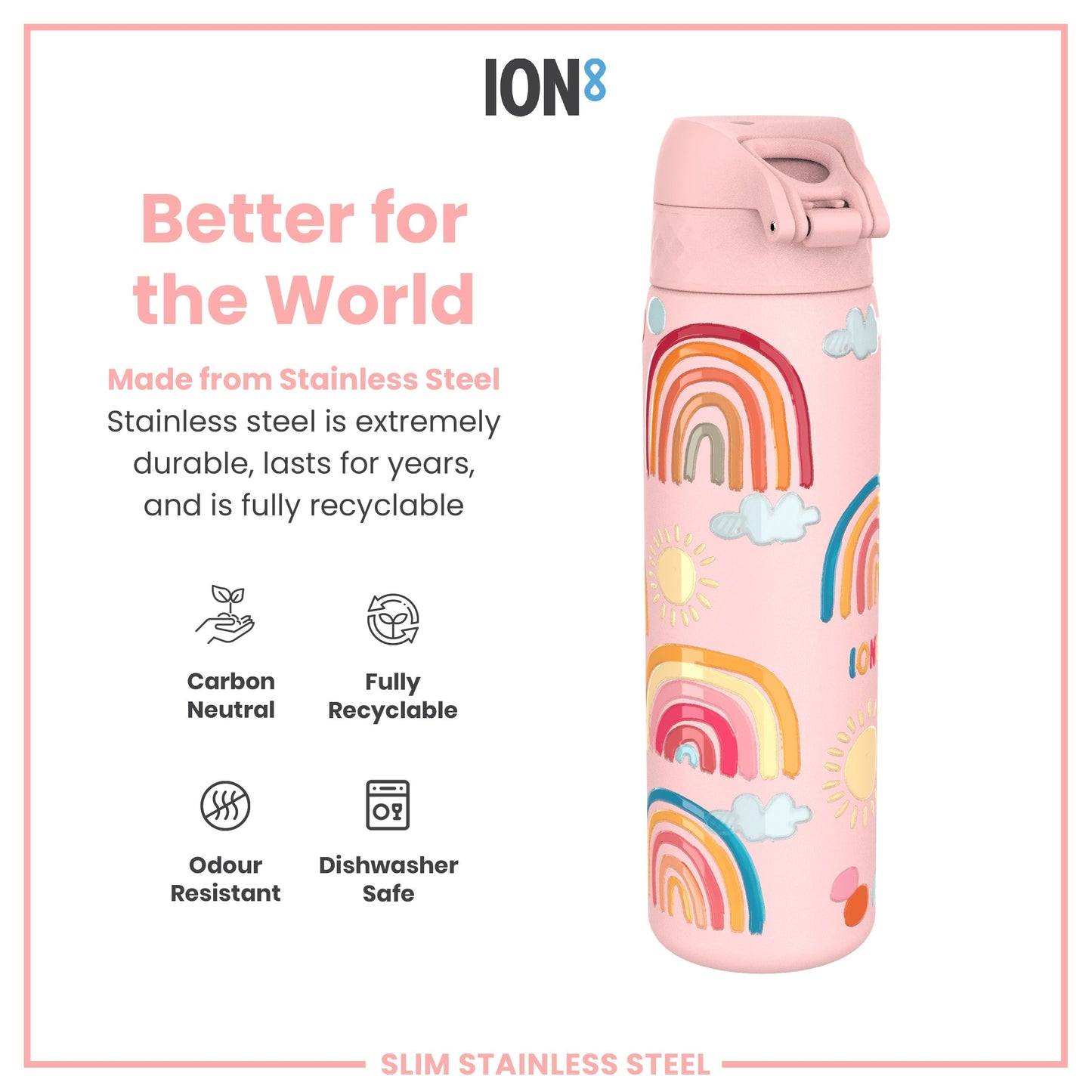 Leak Proof Slim Water Bottle, Stainless Steel, Rainbows, 600ml (20oz)