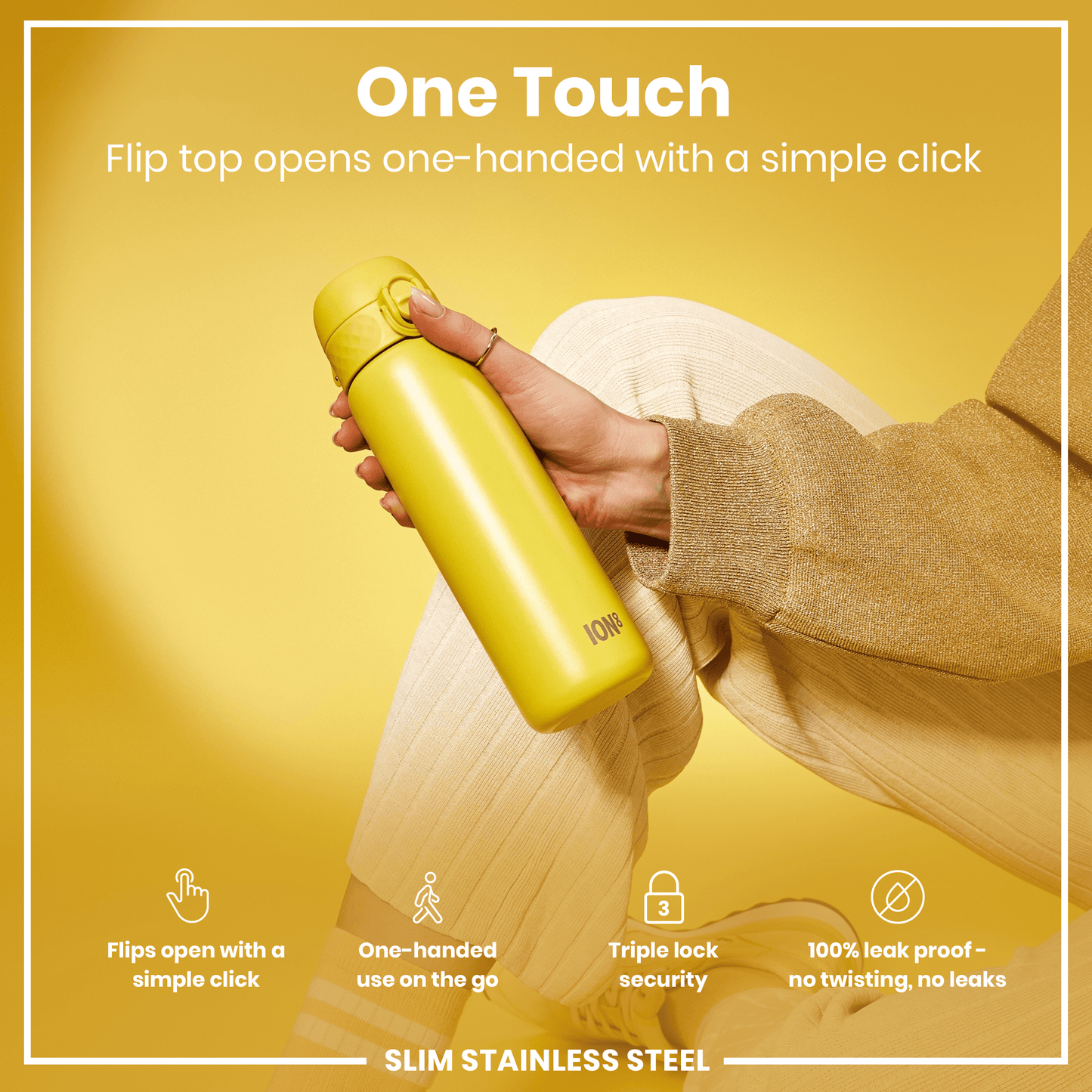Leak Proof Slim Water Bottle, Stainless Steel, Yellow, 600ml (20oz)