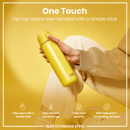 Leak Proof Slim Water Bottle, Stainless Steel, Yellow, 600ml (20oz)