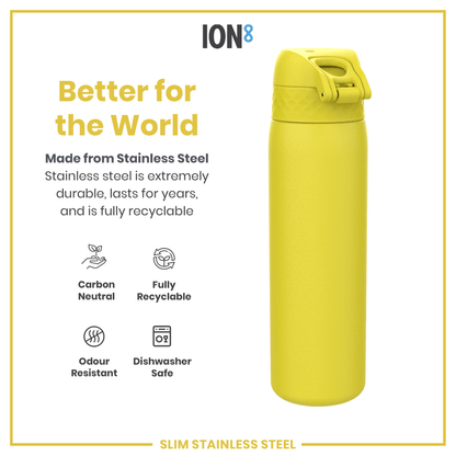 Leak Proof Slim Water Bottle, Stainless Steel, Yellow, 600ml (20oz)