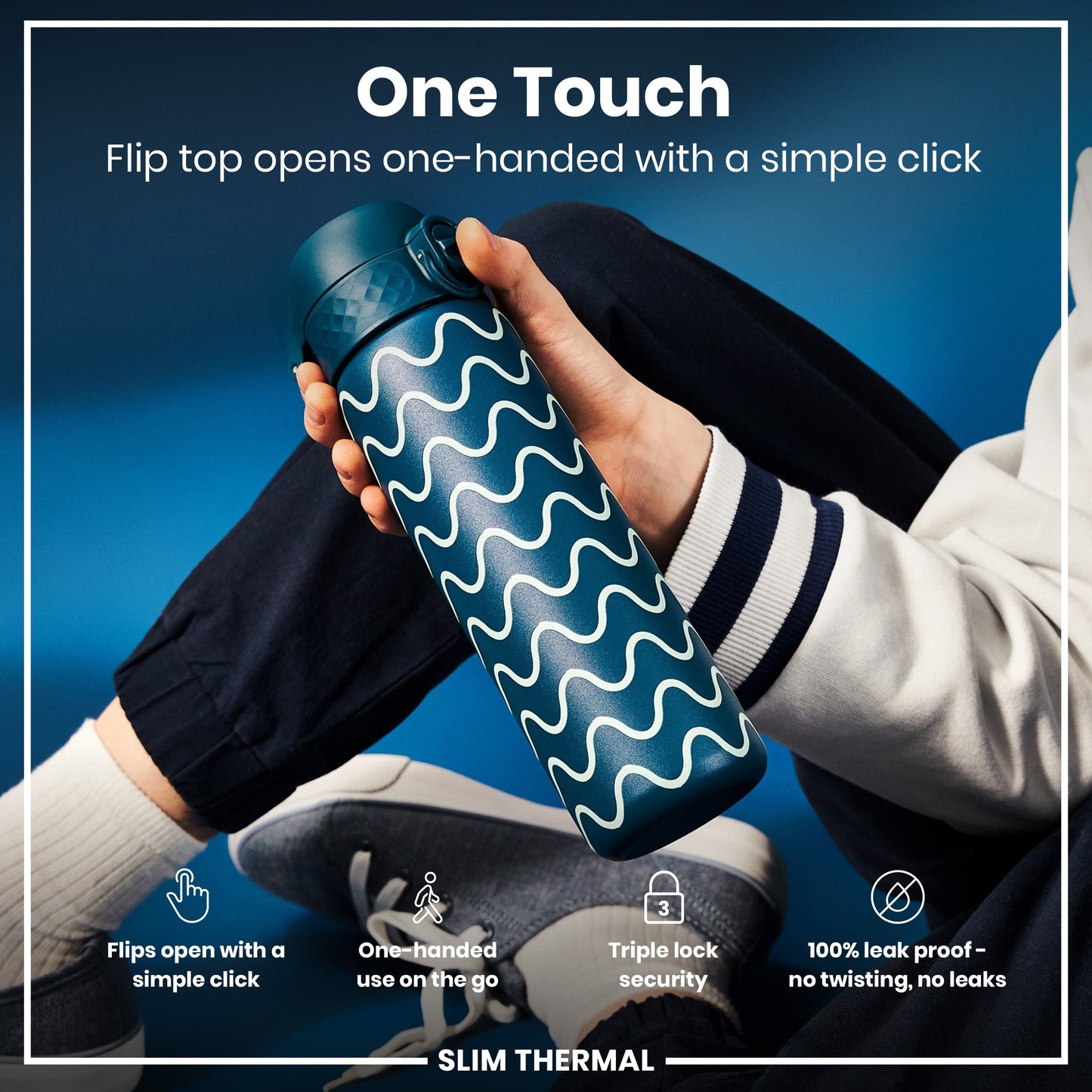 Leak Proof Slim Thermal Water Bottle, Insulated Steel, Wave, 500ml (17oz)