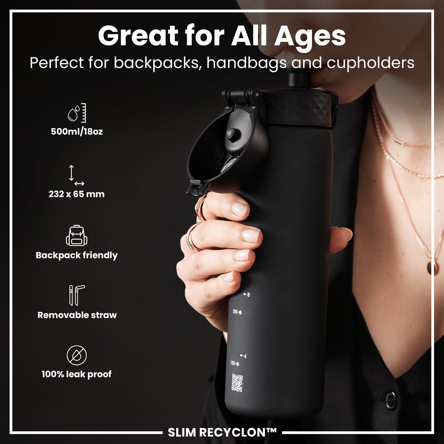 Leak Proof Medium Water Bottle with Straw, Recyclon, Black, 500ml (18oz)