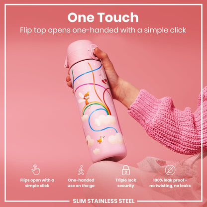 Leak Proof Slim Water Bottle, Stainless Steel, Fairies, 600ml (20oz)