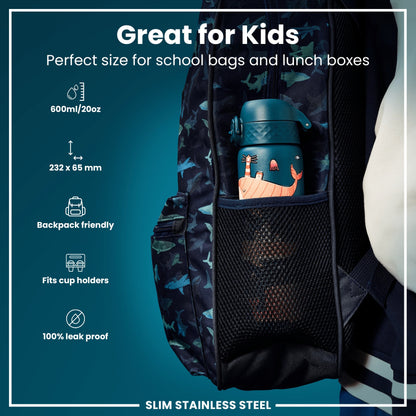 Leak Proof Slim Water Bottle, Stainless Steel, Whales, 600ml (20oz)