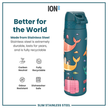 Leak Proof Slim Water Bottle, Stainless Steel, Whales, 600ml (20oz)