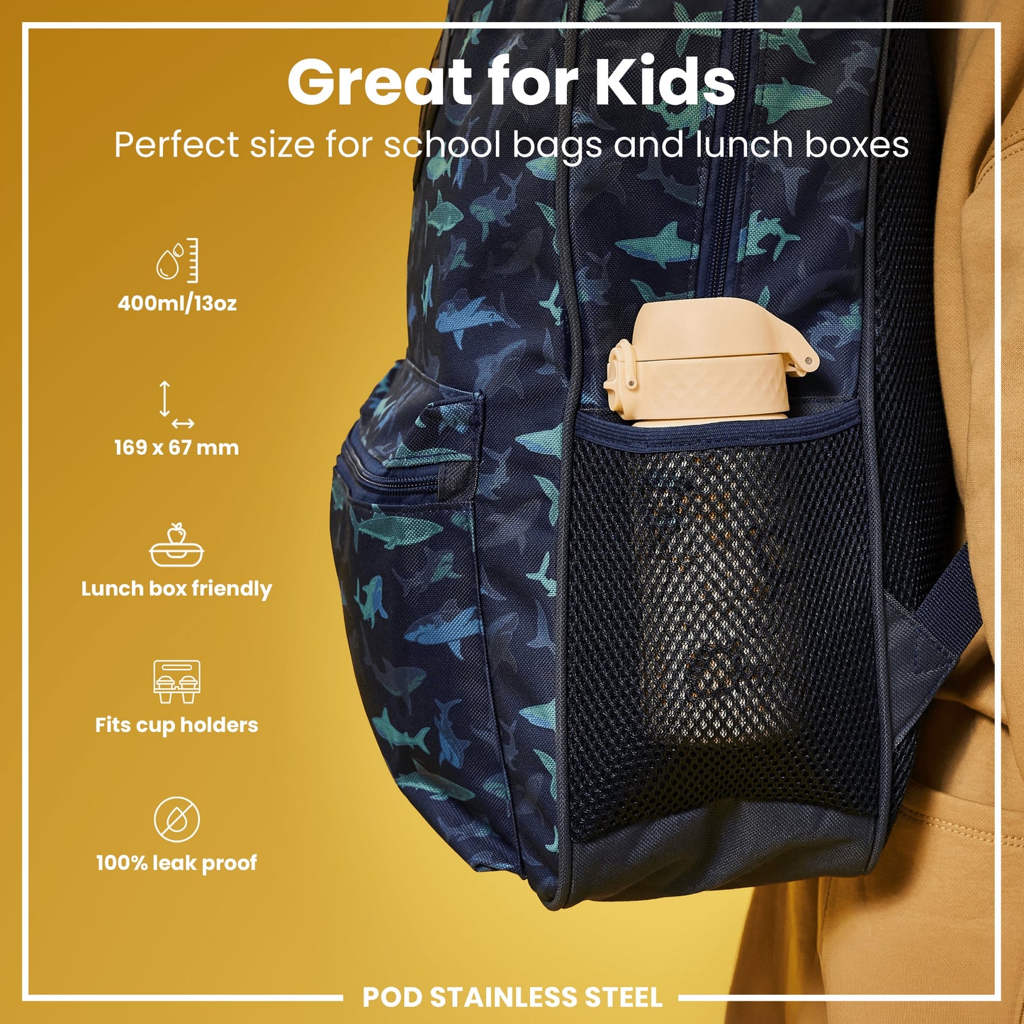 Leak Proof Kids Water Bottle, Stainless Steel, Monkeys, 400ml (13oz)