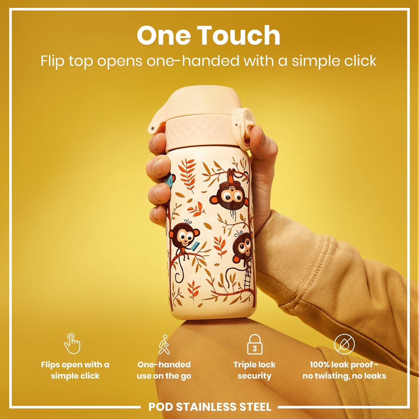 Leak Proof Kids Water Bottle, Stainless Steel, Monkeys, 400ml (13oz)