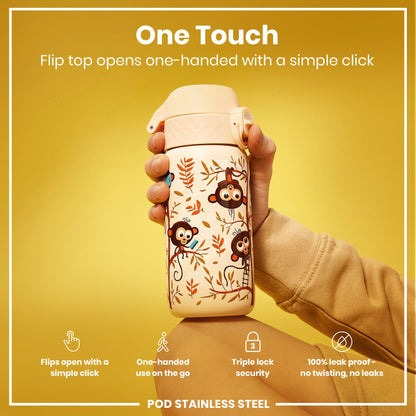 Leak Proof Kids Water Bottle, Stainless Steel, Monkeys, 400ml (13oz)