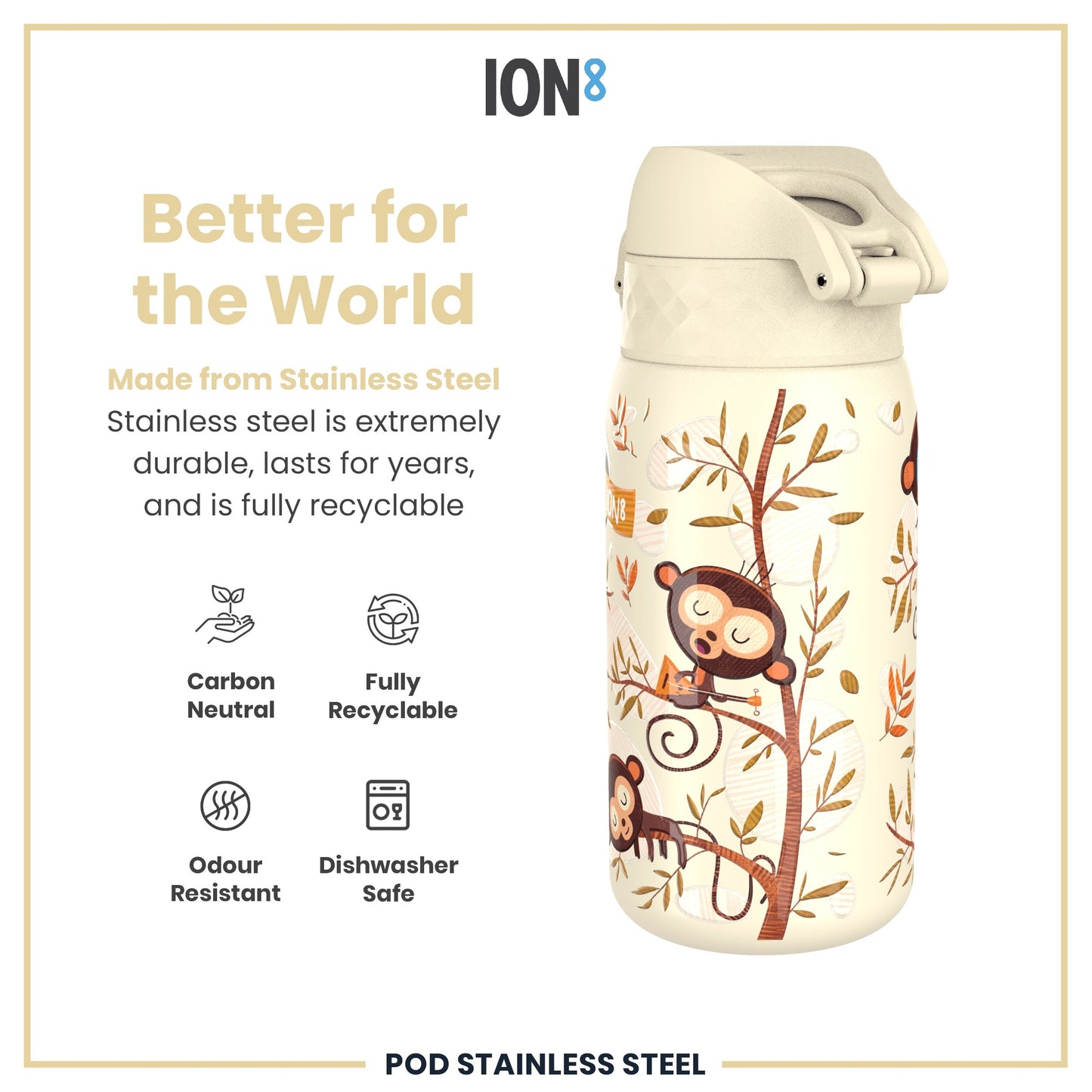 Leak Proof Kids Water Bottle, Stainless Steel, Monkeys, 400ml (13oz)