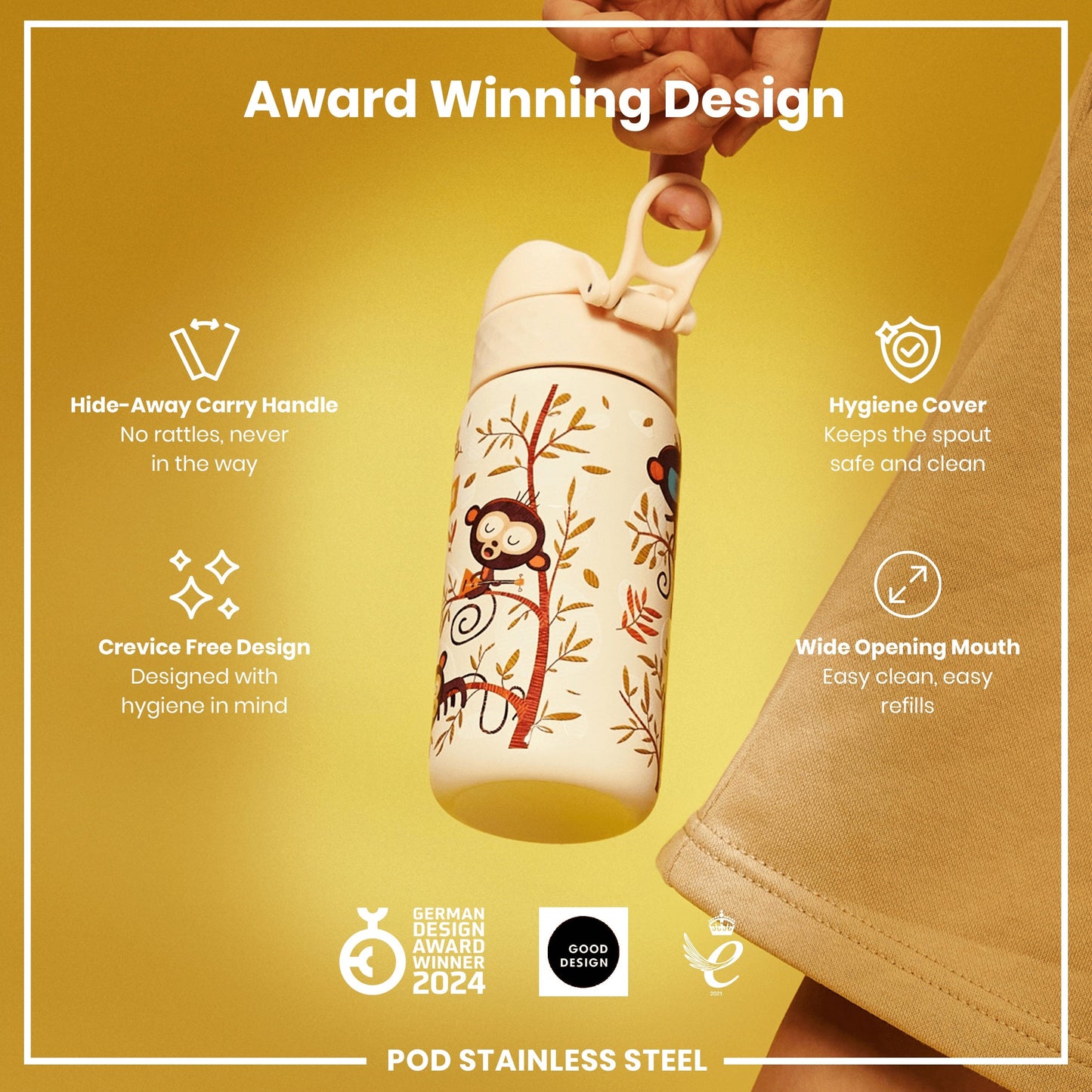 Leak Proof Kids Water Bottle, Stainless Steel, Monkeys, 400ml (13oz)