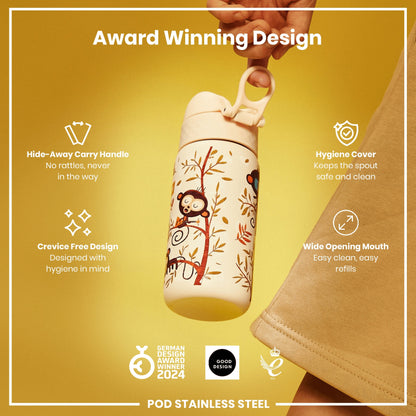 Leak Proof Kids Water Bottle, Stainless Steel, Monkeys, 400ml (13oz)