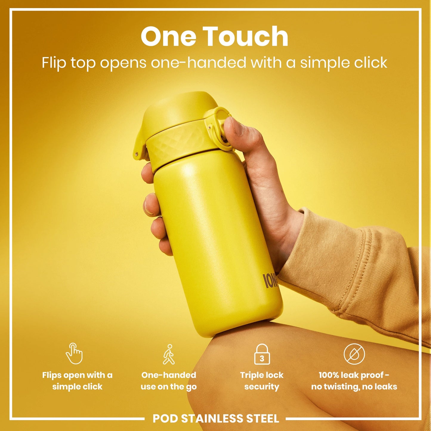 Leak Proof Kids Water Bottle, Stainless Steel, Yellow, 400ml (13oz)
