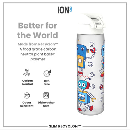 Leak Proof Slim Water Bottle, Recyclon, Robots, 500ml (18oz)