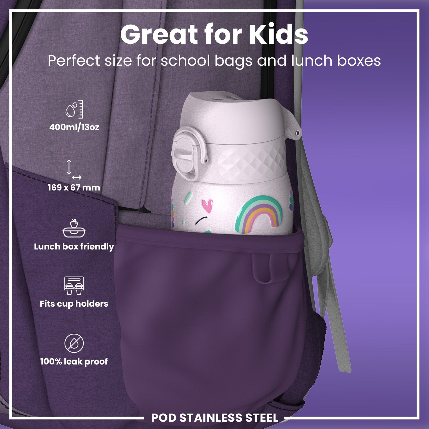 Leak Proof Kids Water Bottle, Stainless Steel, Unicorns, 400ml (13oz)