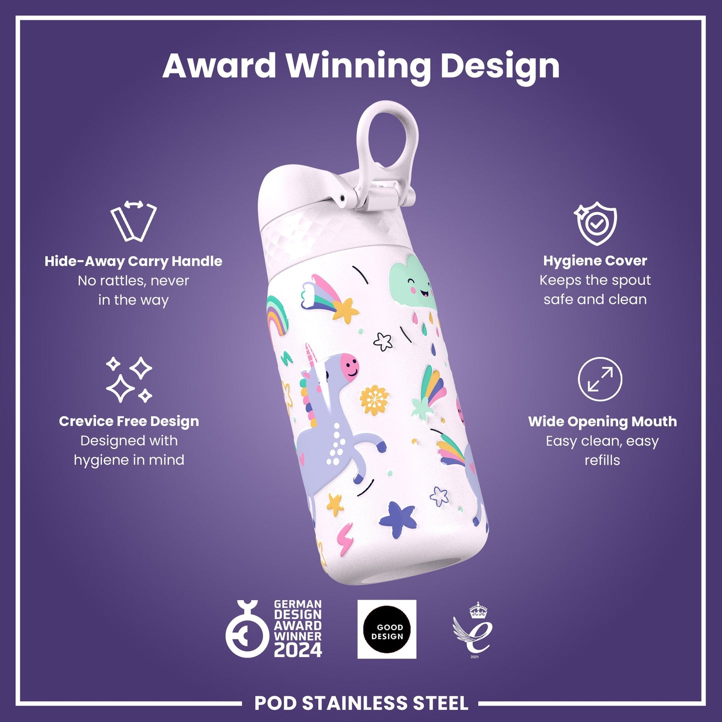 Leak Proof Kids Water Bottle, Stainless Steel, Unicorns, 400ml (13oz)