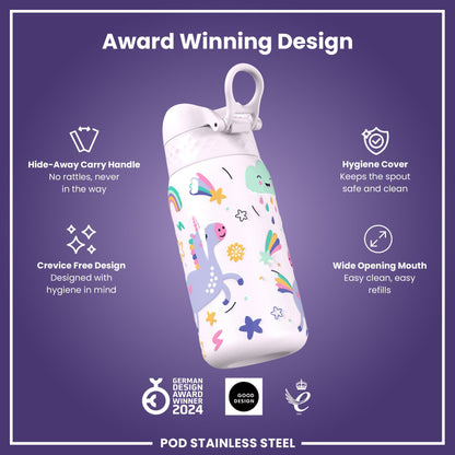 Leak Proof Kids Water Bottle, Stainless Steel, Unicorns, 400ml (13oz)