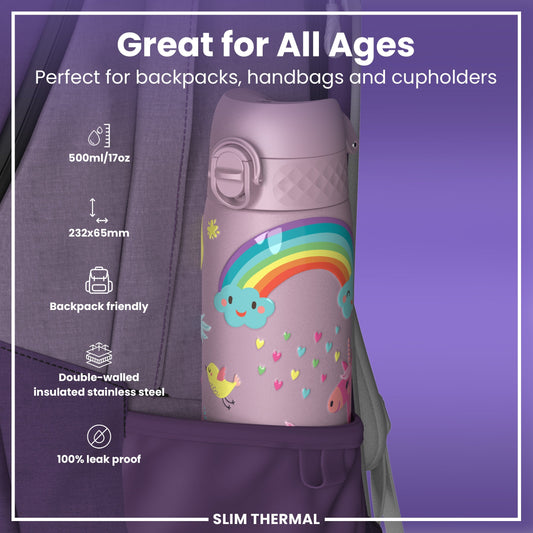 Leak Proof Slim Thermal Steel Water Bottle, Insulated, Unicorns, 500ml (17oz)
