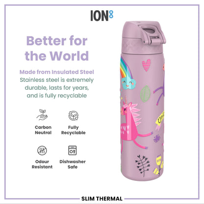 Leak Proof Slim Thermal Steel Water Bottle, Insulated, Unicorns, 500ml (17oz)