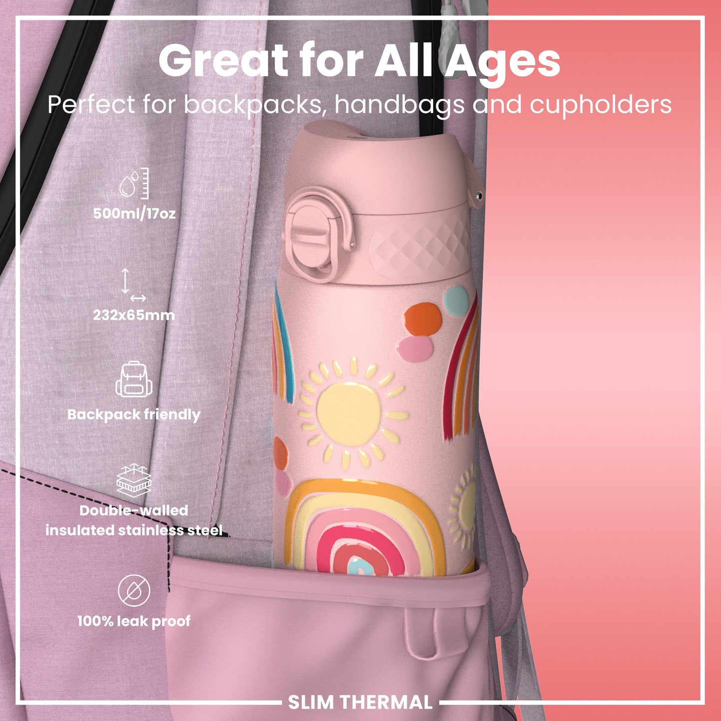 Leak Proof Slim Thermal Steel Water Bottle, Insulated, Rainbows, 500ml (17oz)