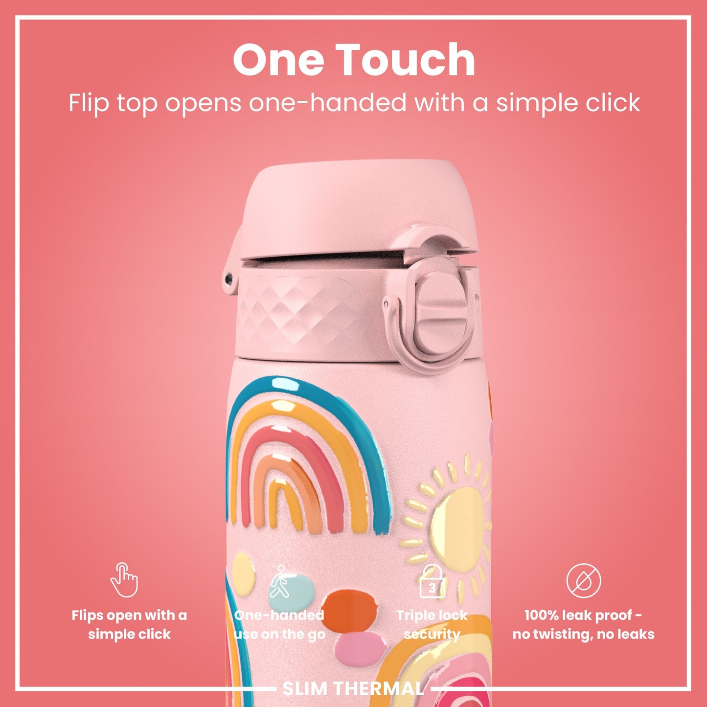 Leak Proof Slim Thermal Steel Water Bottle, Insulated, Rainbows, 500ml (17oz)