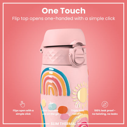 Leak Proof Slim Thermal Steel Water Bottle, Insulated, Rainbows, 500ml (17oz)