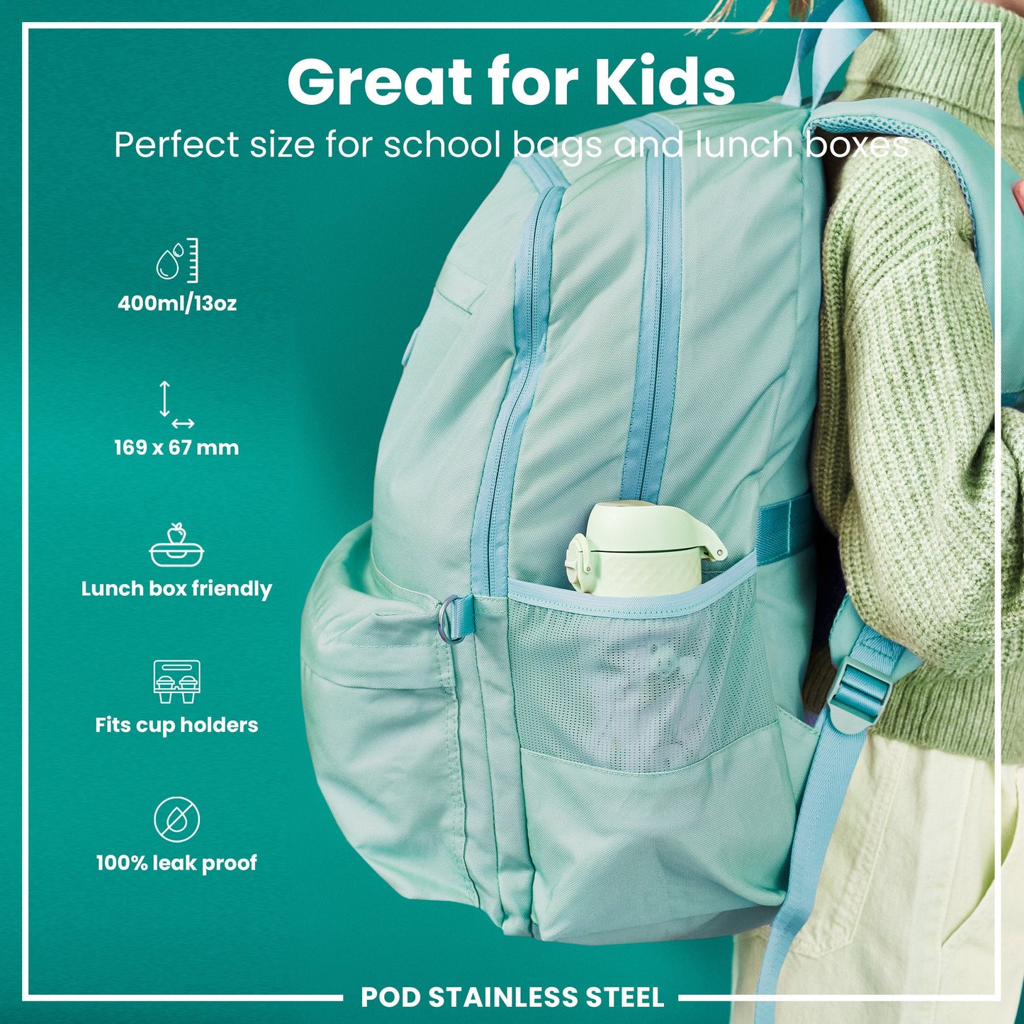 Leak Proof Kids Water Bottle, Stainless Steel, Pandas, 400ml (13oz)