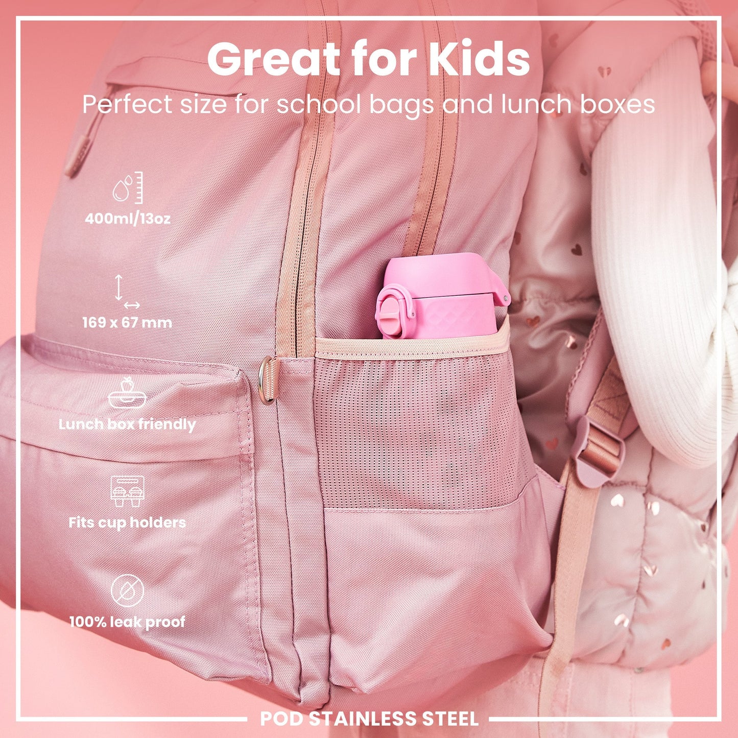 Leak Proof Kids Water Bottle, Stainless Steel, Ladybugs, 400ml (13oz)