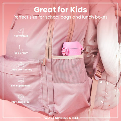 Leak Proof Kids Water Bottle, Stainless Steel, Ladybugs, 400ml (13oz)