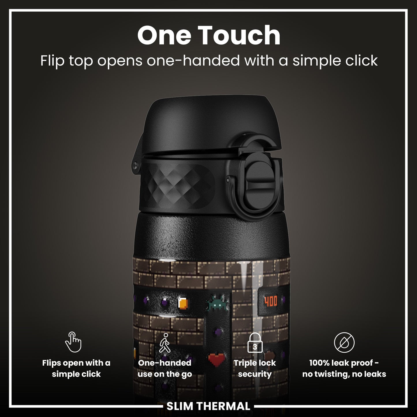 Leak Proof Slim Thermal Water Bottle, Insulated Steel, Gamer, 500ml (17oz)