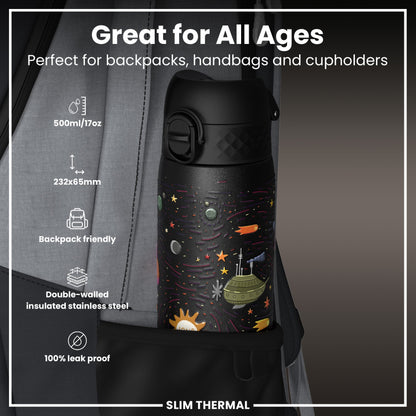 Leak Proof Slim Thermal Water Bottle, Insulated Steel, Spaceships, 500ml (17oz)