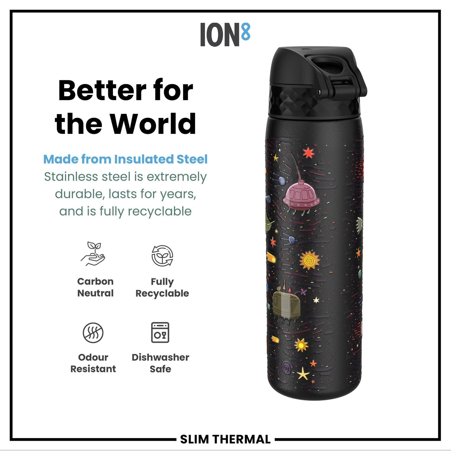 Leak Proof Slim Thermal Water Bottle, Insulated Steel, Spaceships, 500ml (17oz)