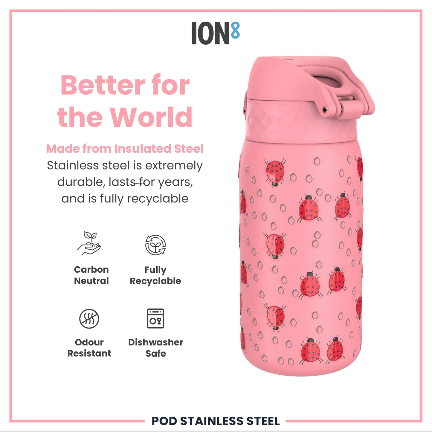 Leak Proof Thermal Steel Water Bottle, Insulated, Ladybugs, 320ml (11oz)