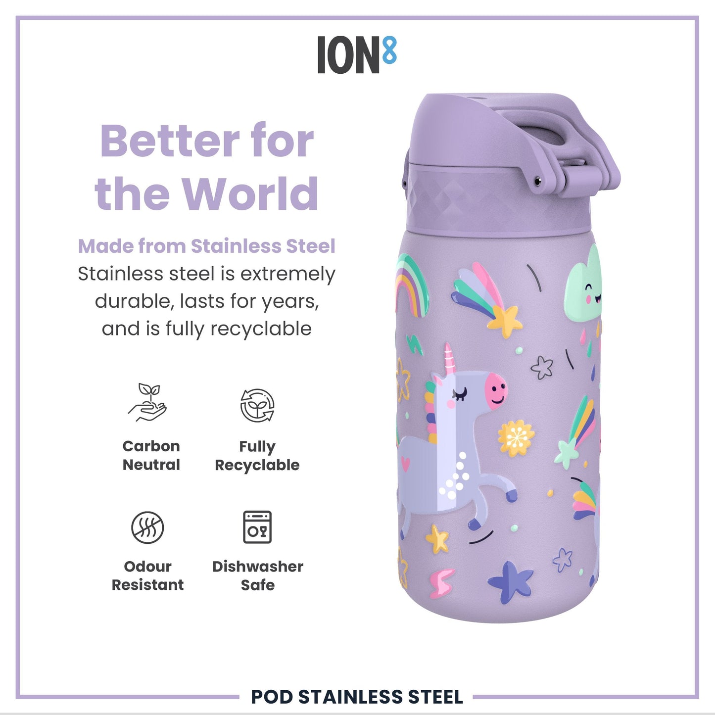 Leak Proof Kids Water Bottle, Stainless Steel, Purple Unicorns, 400ml (13oz)