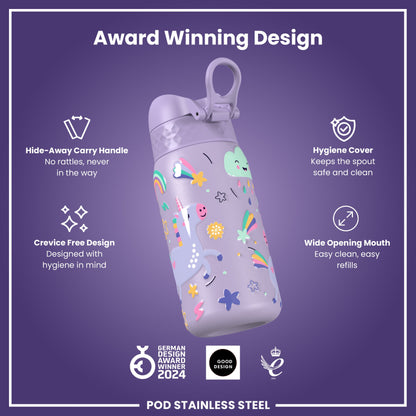 Leak Proof Kids Water Bottle, Stainless Steel, Purple Unicorns, 400ml (13oz)