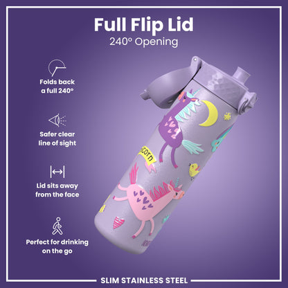 Leak Proof Slim Water Bottle, Stainless Steel, Purple Unicorns, 600ml (20oz)